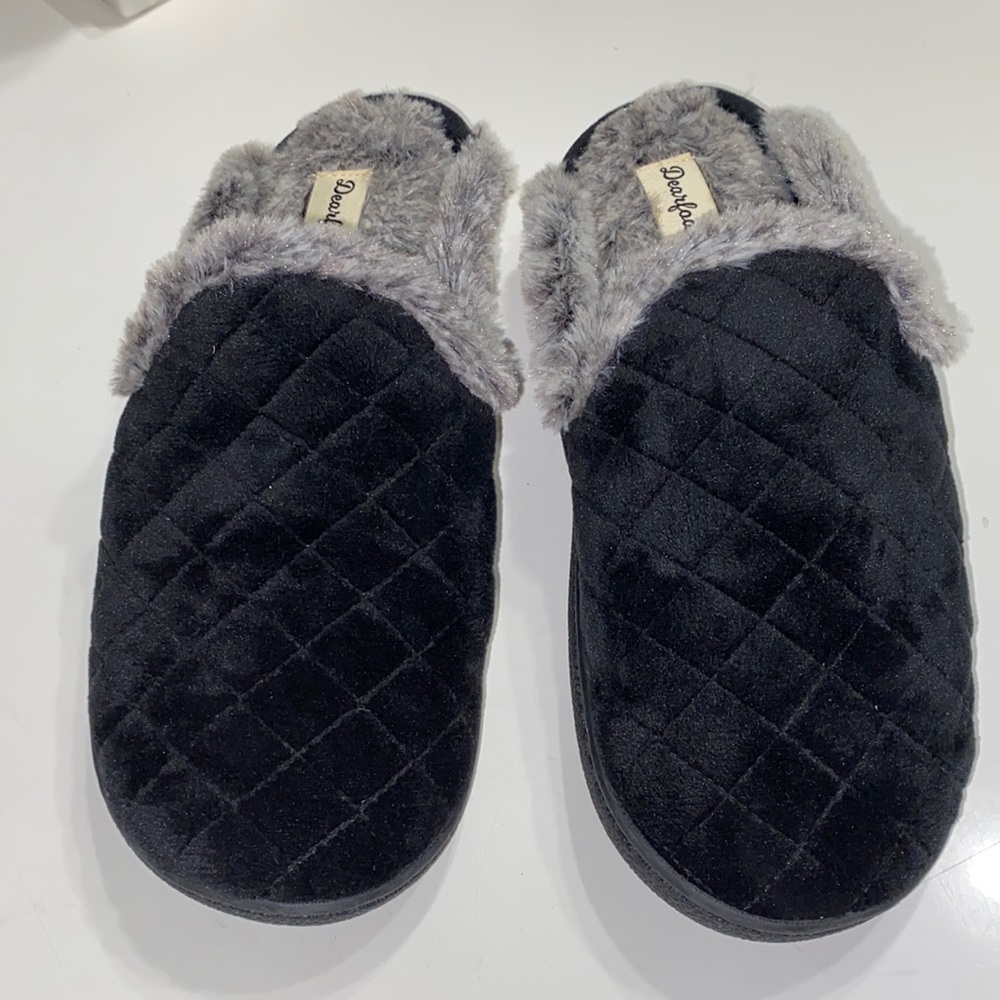 dearfoams Womens Black Gray Fur Slippers Size 8